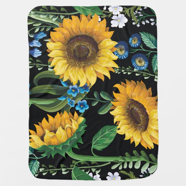 Black Background Sunflower Pattern Baby Blanket (Front)