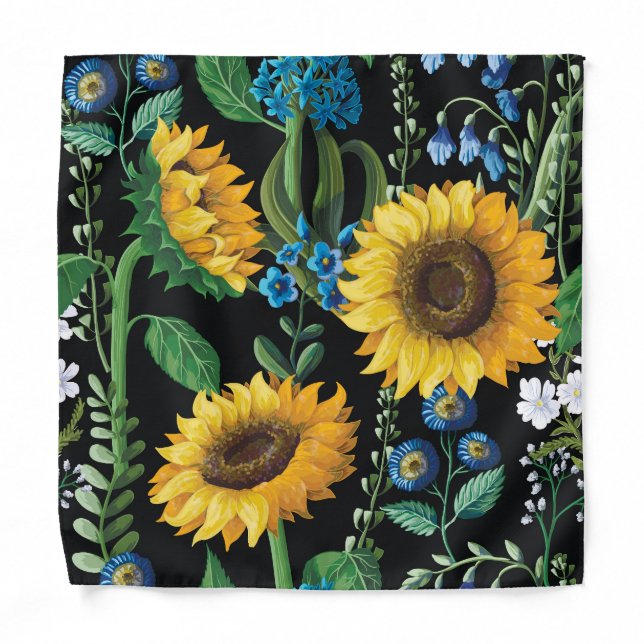 Black Background Sunflower Pattern Bandana (Front)