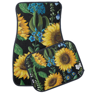 Black Background Sunflower Pattern Car Floor Mat