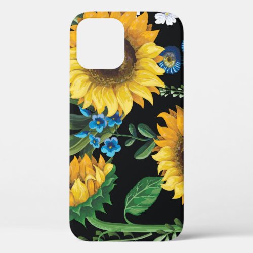 Black Background Sunflower Pattern iPhone 12 Case