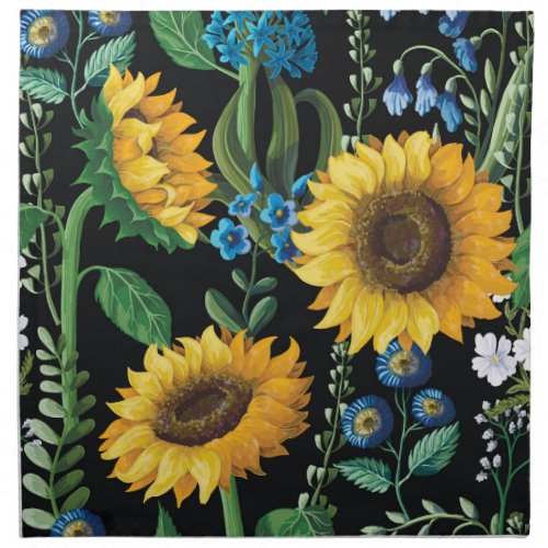 Black Background Sunflower Pattern Cloth Napkin