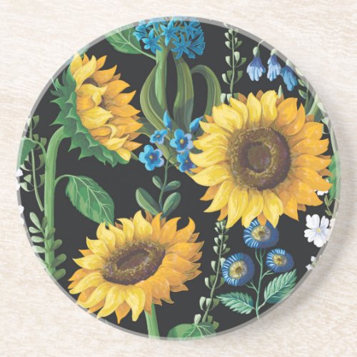 Black Background Sunflower Pattern Coaster
