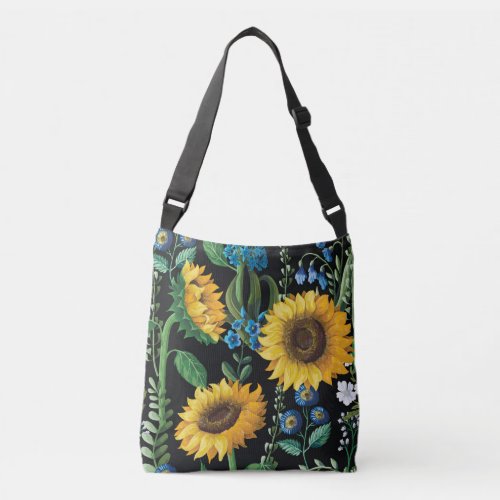 Black Background Sunflower Pattern Crossbody Bag