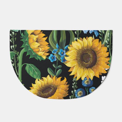 Black Background Sunflower Pattern Doormat