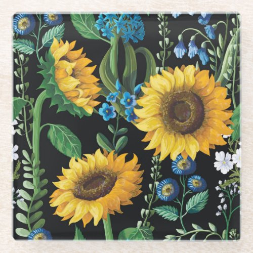 Black Background Sunflower Pattern Glass Coaster
