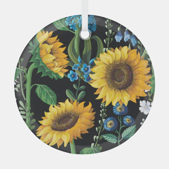 Black Background Sunflower Pattern Glass Ornament (Front)