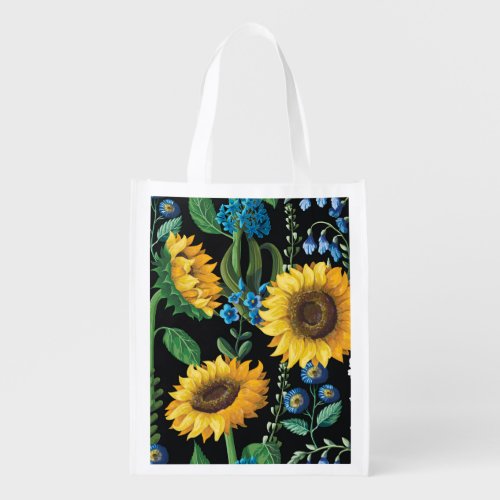 Black Background Sunflower Pattern Grocery Bag