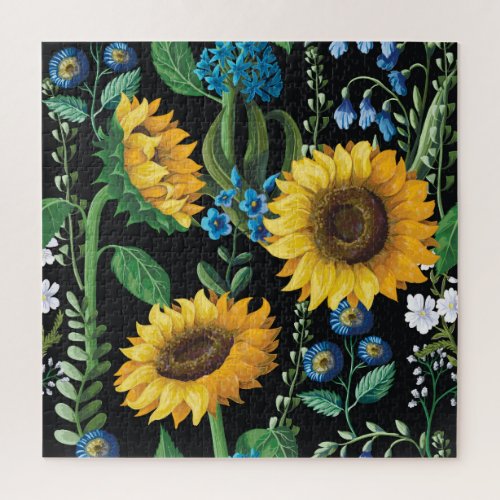 Black Background Sunflower Pattern Jigsaw Puzzle