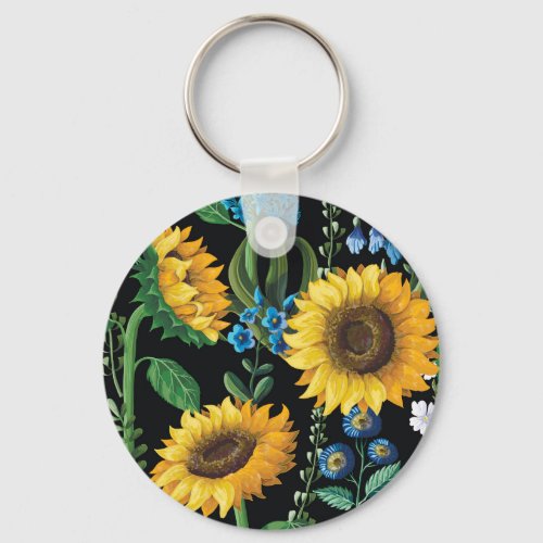 Black Background Sunflower Pattern Keychain