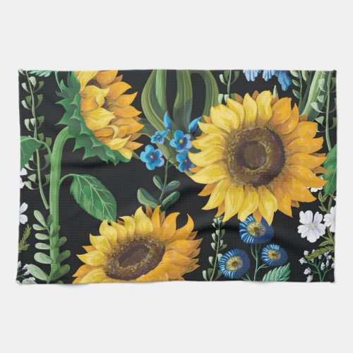Black Background Sunflower Pattern Kitchen Towel