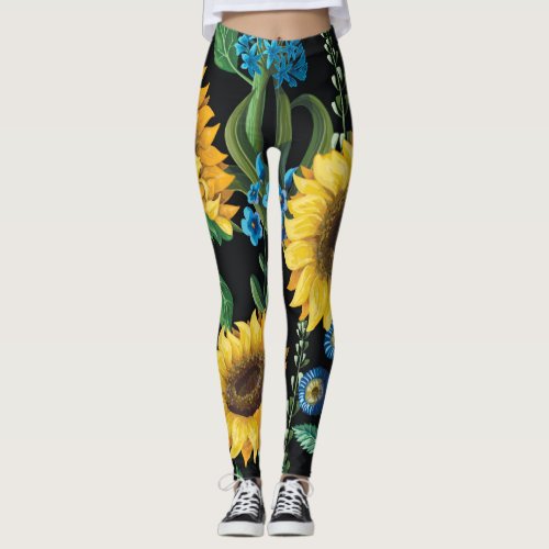 Black Background Sunflower Pattern Leggings