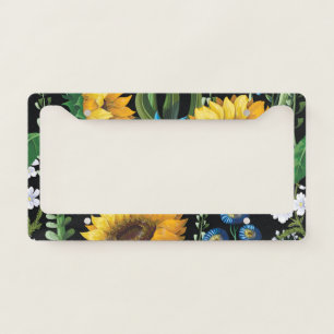Black Background Sunflower Pattern License Plate Frame