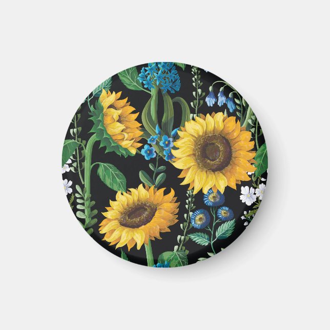 Black Background Sunflower Pattern Magnet (Front)