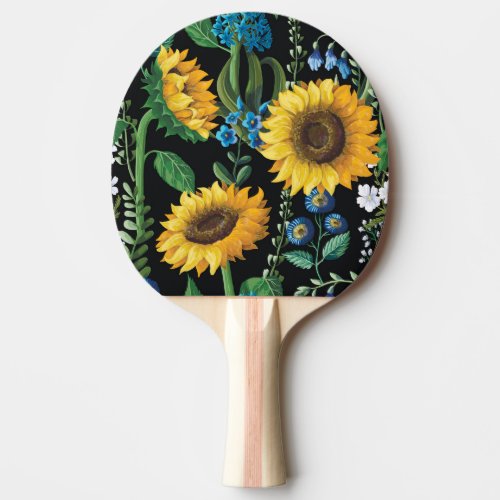 Black Background Sunflower Pattern Ping Pong Paddle