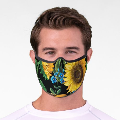 Black Background Sunflower Pattern Premium Face Mask