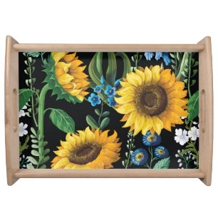 Black Background Sunflower Pattern Serving Tray