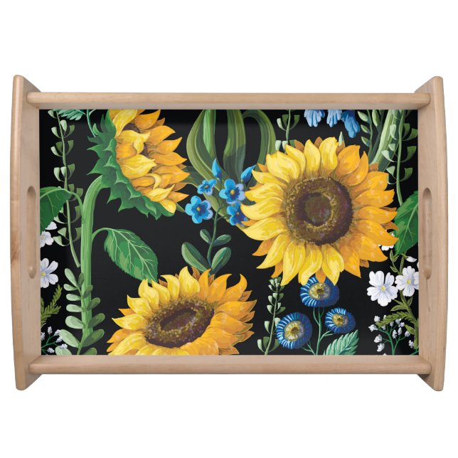 Black Background Sunflower Pattern Serving Tray (Front)