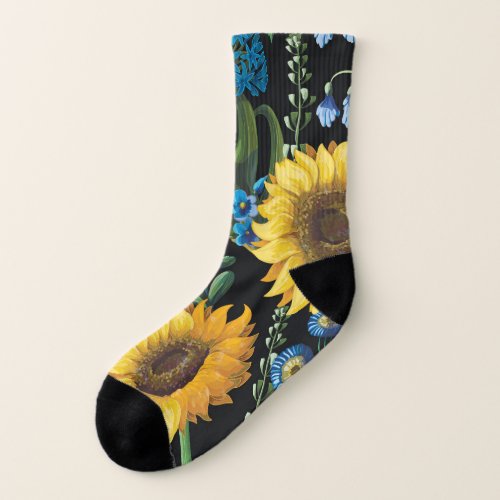Black Background Sunflower Pattern Socks