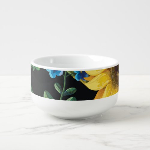 Black Background Sunflower Pattern Soup Mug