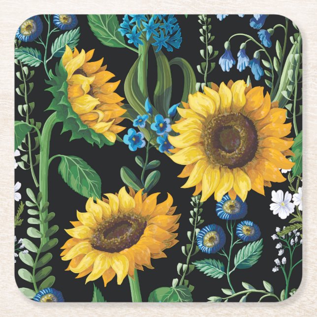 Black Background Sunflower Pattern Square Paper Coaster (Front)
