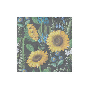 Black Background Sunflower Pattern Stone Magnet