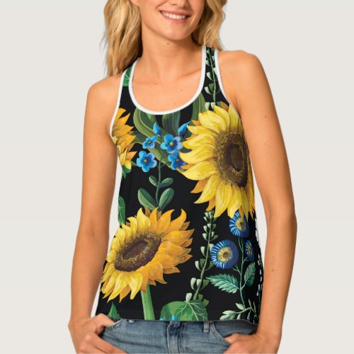 Black Background Sunflower Pattern Tank Top