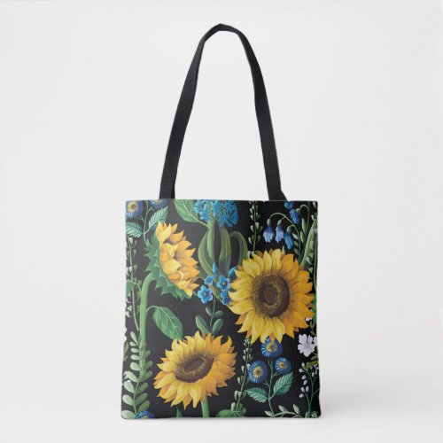 Black Background Sunflower Pattern Tote Bag