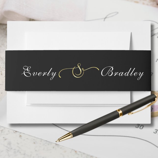 Black Background White Script Gold Ampersand Chic Invitation Belly Band (Creator Uploaded)