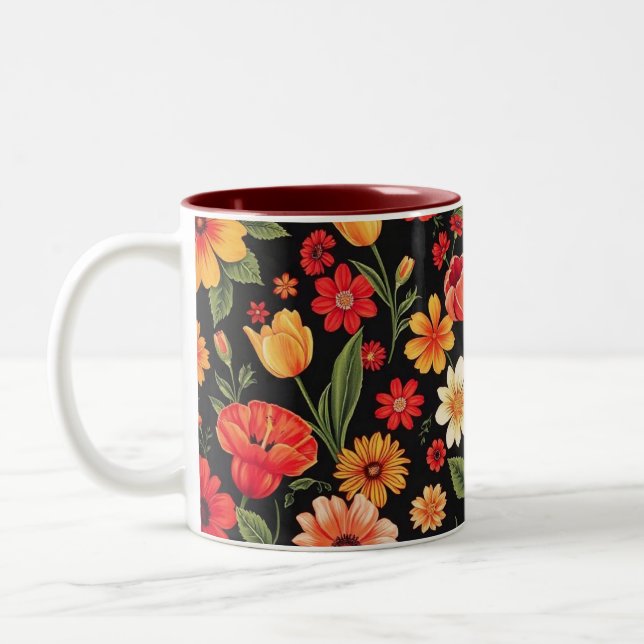 Black Background With Flowers Two-Tone Coffee Mug (Left)