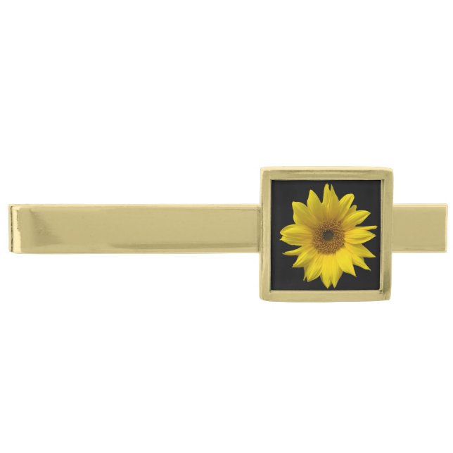 black background with large yellow sunflower gold finish tie clip (Front)