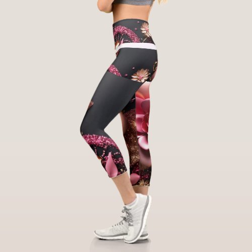 Black Background with Rose Glitter Details Capri Leggings