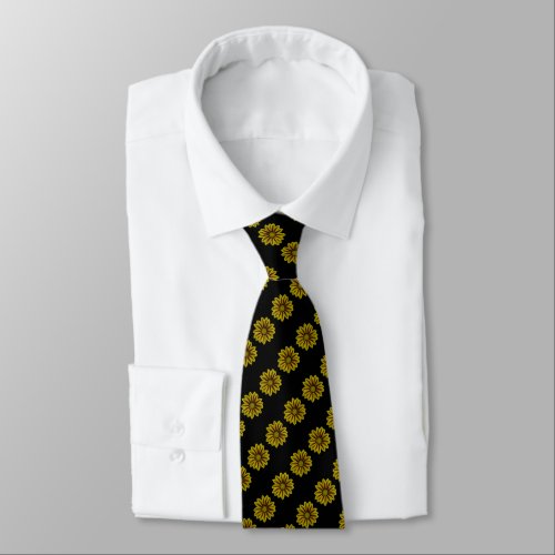 black background with rows of yellow sunflowers tie