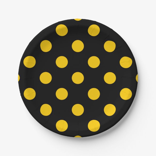 Black Background Yellow Polka Dots Paper Plates (Front)