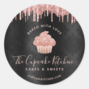 Black Baked With Love Rose Gold Cupcake Glitter Classic Round Sticker