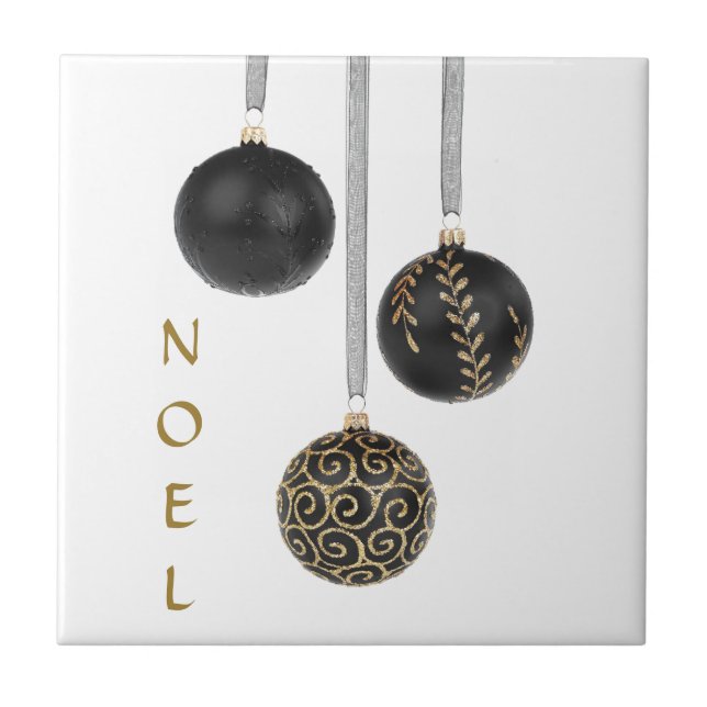 Black Ball Christmas Ornaments Ceramic Tile (Front)