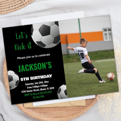 Black Ball Green Text Photo Soccer Invitations