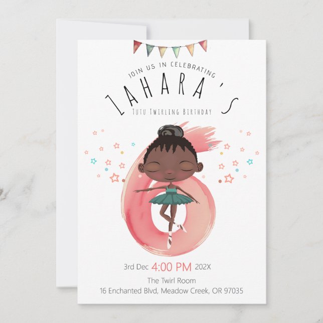 Black Ballerina 6th Birthday Invitation (Front)