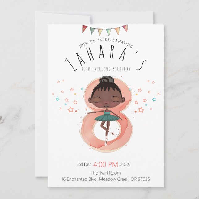 Black Ballerina 8th Birthday Invitation (Front)