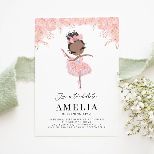 Black Ballerina in Pink Dress Floral Birthday Invitation