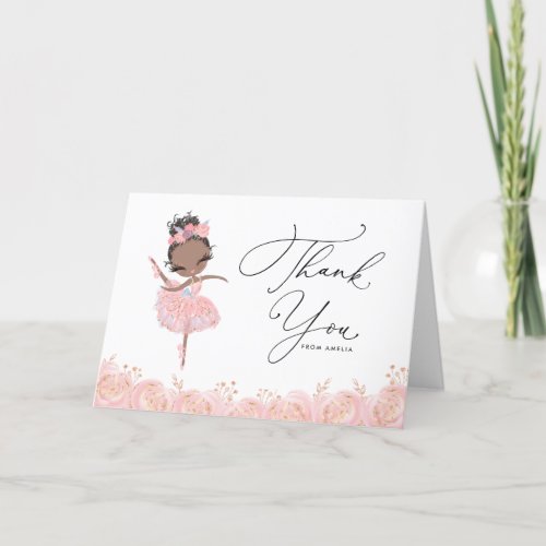 Black Ballerina in Pink Dress Floral Birthday Thank You Card