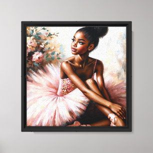 Black Ballerina in Pink Tutu Floral Portrait Canvas Print