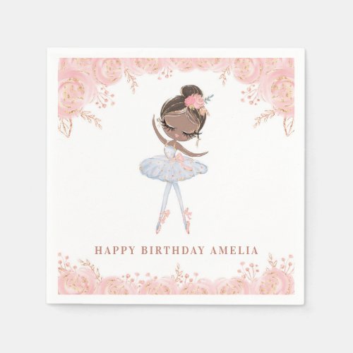 Black Ballerina in White Dress Floral Birthday Napkins