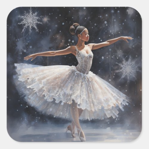 Black Ballerina in White Snowflake Tutu Square Sticker