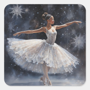 Black Ballerina in White Snowflake Tutu Square Sticker