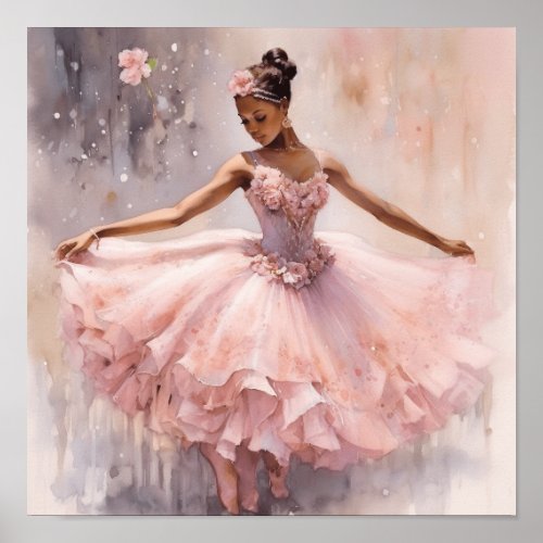 Black Ballerina Nutcracker Sugar Plum Pink Tutu Poster