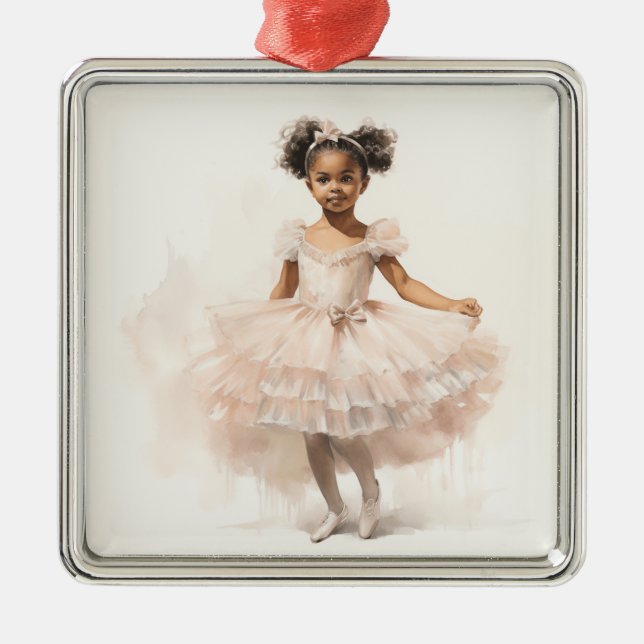 Black Ballerina, Pale Pink Tutu, Ponytails, Ribbon Metal Ornament (Front)