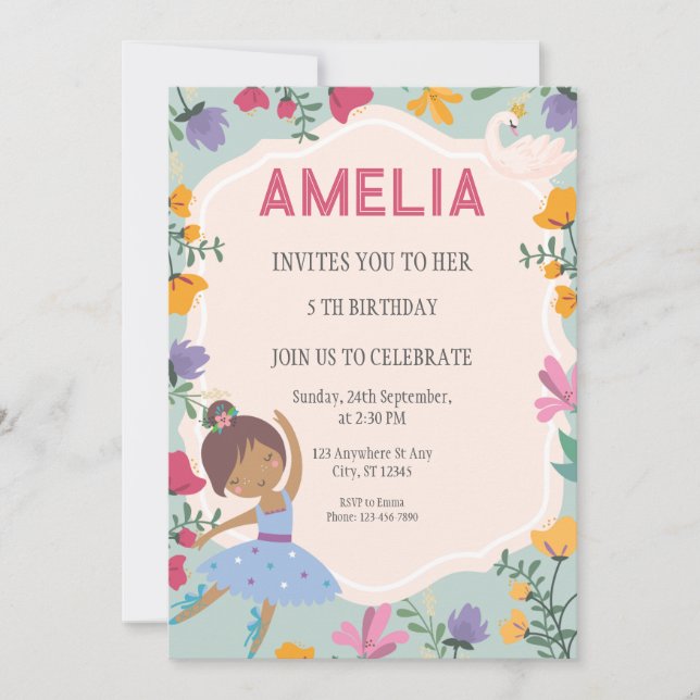  Black Ballerina Princess Floral Girl Birthday Invitation (Front)