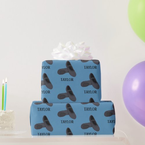 Black Ballet Shoes on Blue Background Personalized Wrapping Paper