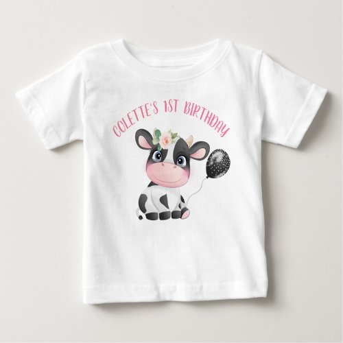 Black Balloon Cute Cow First Birthday Baby T_Shirt