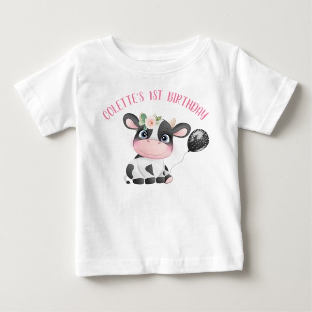 Black Balloon Cute Cow First Birthday Baby T-Shirt (Front)